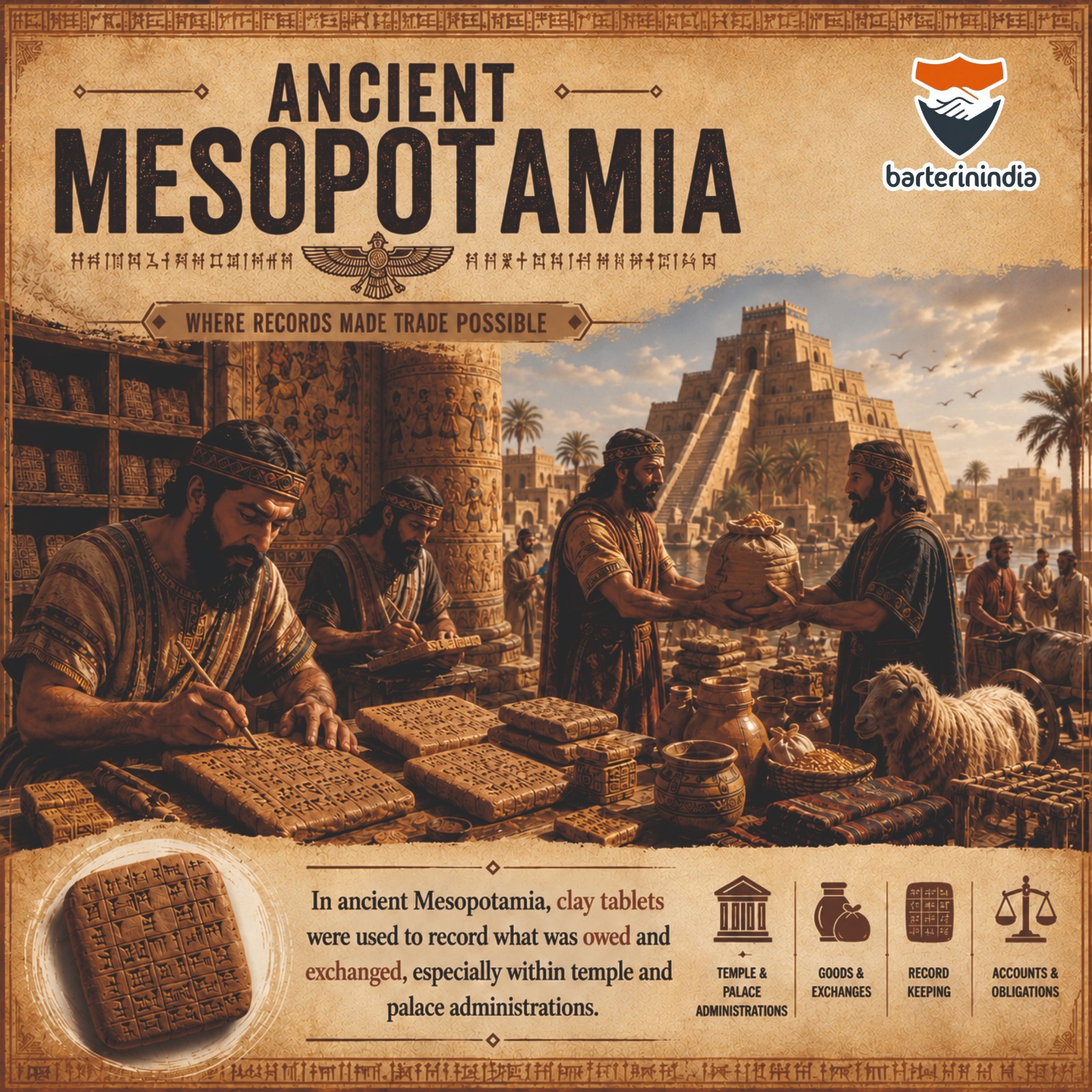 Ancient Mesopotamia barter exchange scene with merchants trading goods, clay tablets, livestock, and recording transactions near a historic temple.